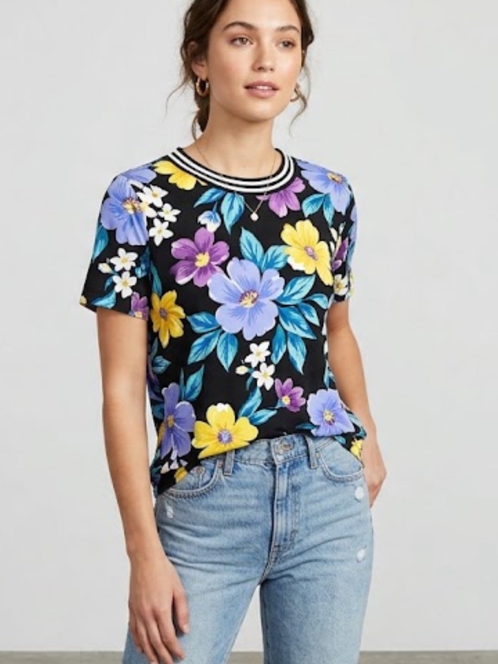 Susan Graver Black Short-Sleeve Tee with Purple, Yellow and Blue Floral Print